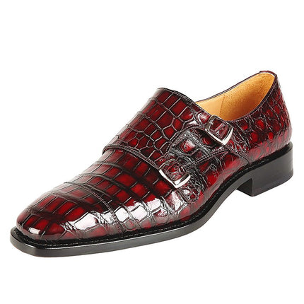 Handmade Men Shaded Red Crocodile Leather Double Monk Buckle Business Shoes