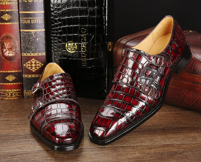Handmade Men Shaded Red Crocodile Leather Double Monk Buckle Business Shoes