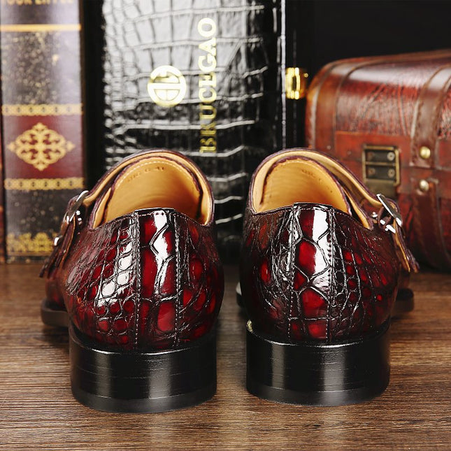 Handmade Men Shaded Red Crocodile Leather Double Monk Buckle Business Shoes