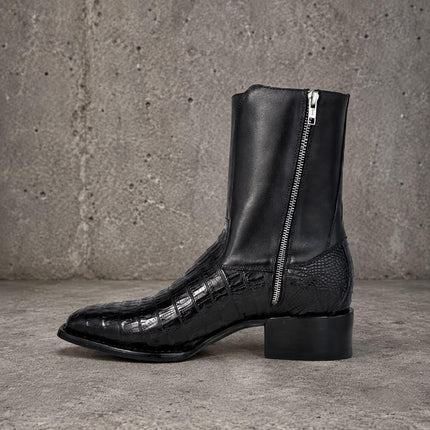 New men handmade black crocodile leather zipper ankle boots, Cowboy boots for mens