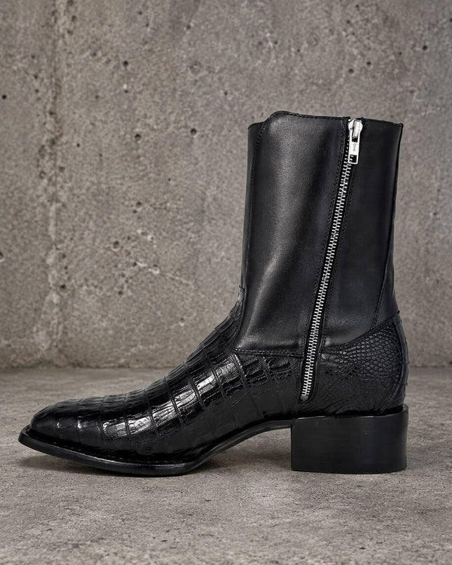 New men handmade black crocodile leather zipper ankle boots, Cowboy boots for mens