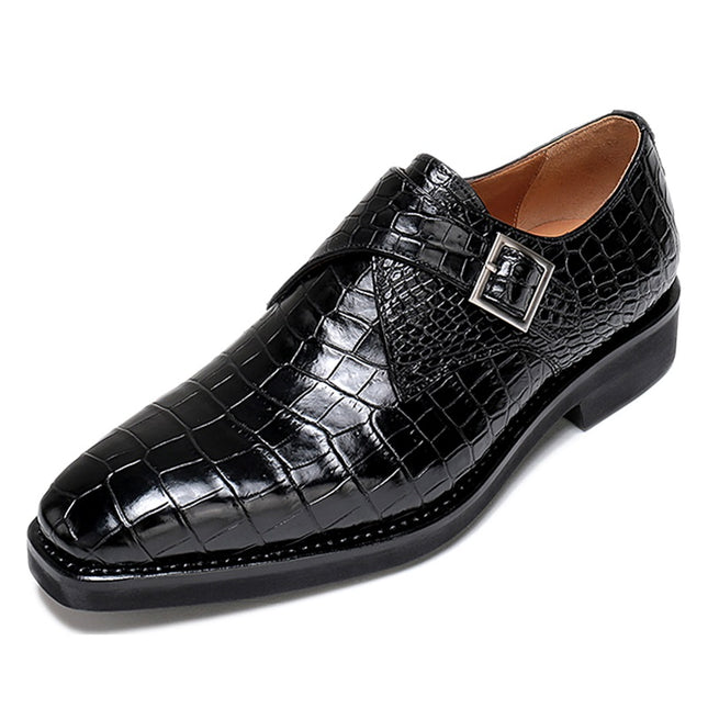 Handmade Men Black Stylish Crocodile Leather Single Buckle Business Shoes