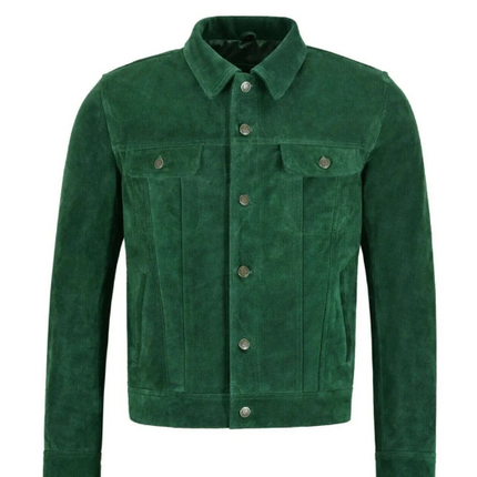 Handmade New Trucker Men’s Green Suede Leather Moto Jacket For Men