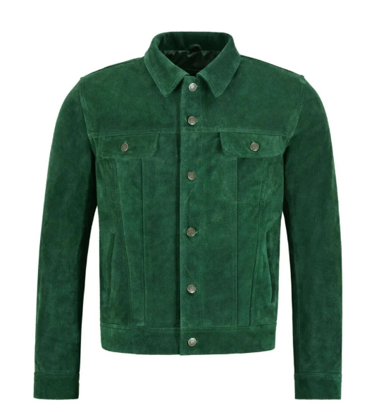 Handmade New Trucker Men’s Green Suede Leather Moto Jacket For Men