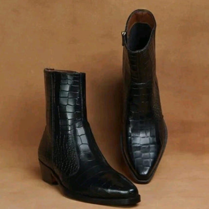Handmade men black crocodile texture zipper ankle boots, cuban heel boots for men