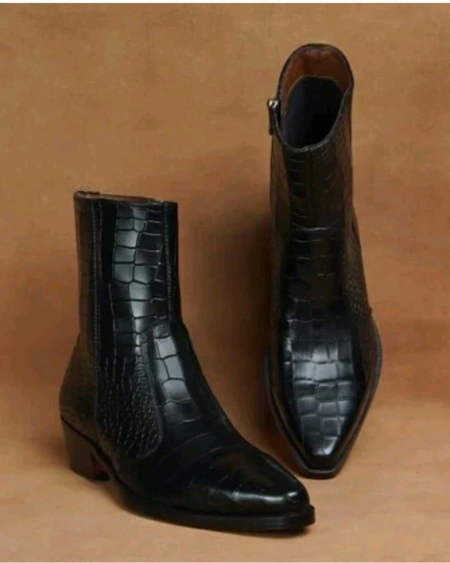 Handmade men black crocodile texture zipper ankle boots, cuban heel boots for men