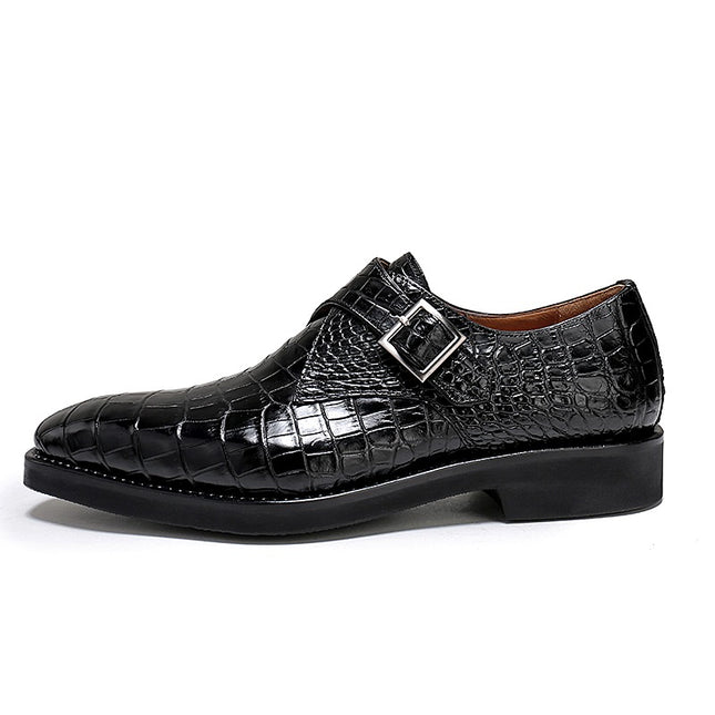 Handmade Men Black Stylish Crocodile Leather Single Buckle Business Shoes
