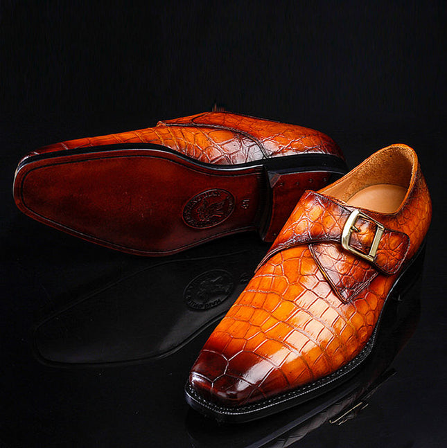 Handmade Men Shaded Tan Stylish Crocodile Leather Single Buckle Business Shoes