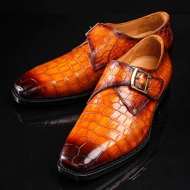 Handmade Men Shaded Tan Stylish Crocodile Leather Single Buckle Business Shoes