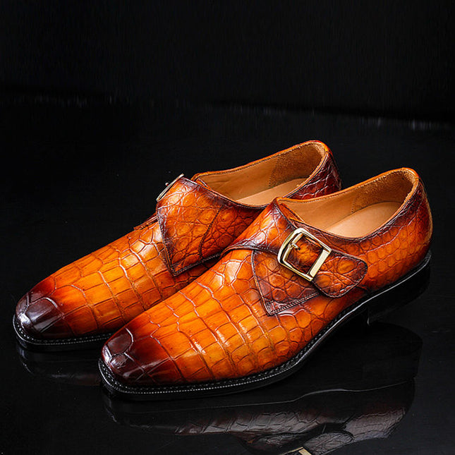 Handmade Men Shaded Tan Stylish Crocodile Leather Single Buckle Business Shoes