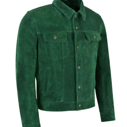 Handmade New Trucker Men’s Green Suede Leather Moto Jacket For Men