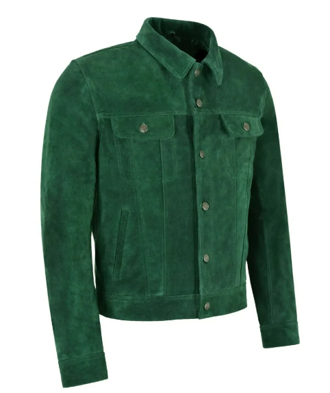Handmade New Trucker Men’s Green Suede Leather Moto Jacket For Men