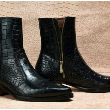Handmade men black crocodile texture zipper ankle boots, cuban heel boots for men