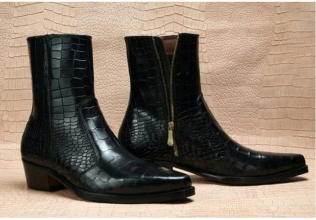 Handmade men black crocodile texture zipper ankle boots, cuban heel boots for men