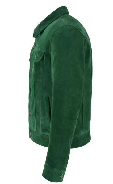 Handmade New Trucker Men’s Green Suede Leather Moto Jacket For Men