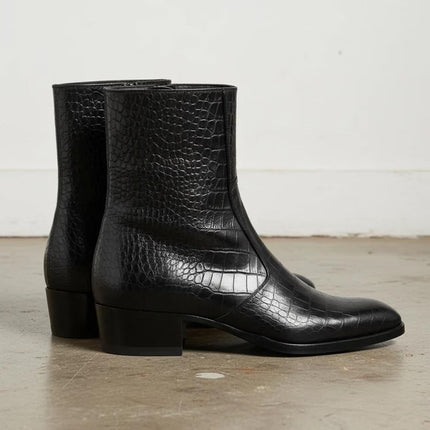 Handmade black crocodile texture leather zipper ankle boots, Party Boots for mens