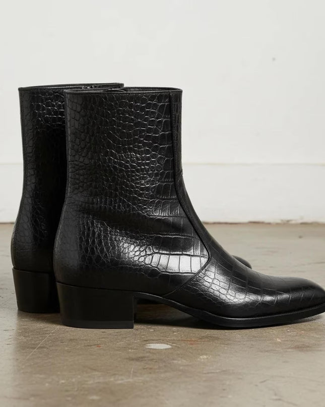Handmade black crocodile texture leather zipper ankle boots, Party Boots for mens