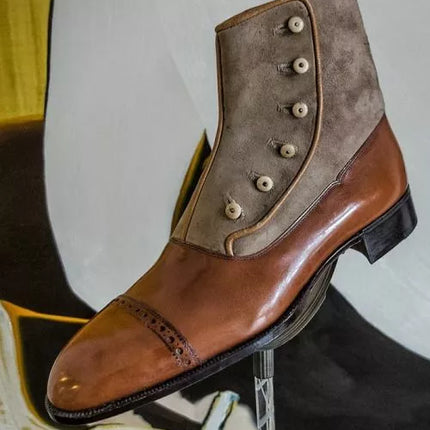 Handmade Men Brown Leather and Suede Brogue Button Boots, Ankle Jungle Boots
