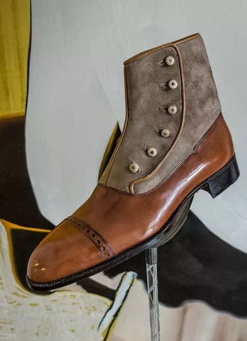 Handmade Men Brown Leather and Suede Brogue Button Boots, Ankle Jungle Boots