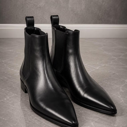Handmade black leather high ankle chelsea boots, formal pull on dress boot for men