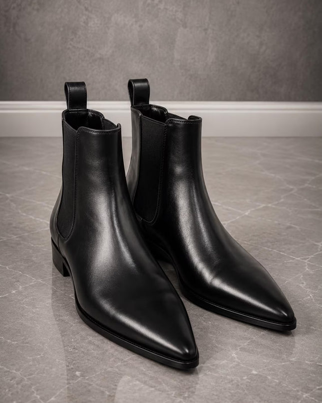Handmade black leather high ankle chelsea boots, formal pull on dress boot for men