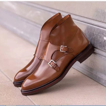 Handmade Men Brown Double Monk Strap Stylish Ankle Boots, Winter Boots