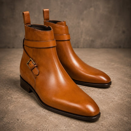 Handmade men tan monk strap leather jodhpur ankle boots, Dress boots for mens