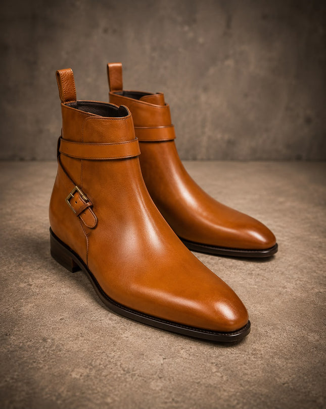 Handmade men tan monk strap leather jodhpur ankle boots, Dress boots for mens