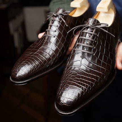 New Handmade Brown Shoes, Mens Crocodile Shoes, Lace Up Office Shoes