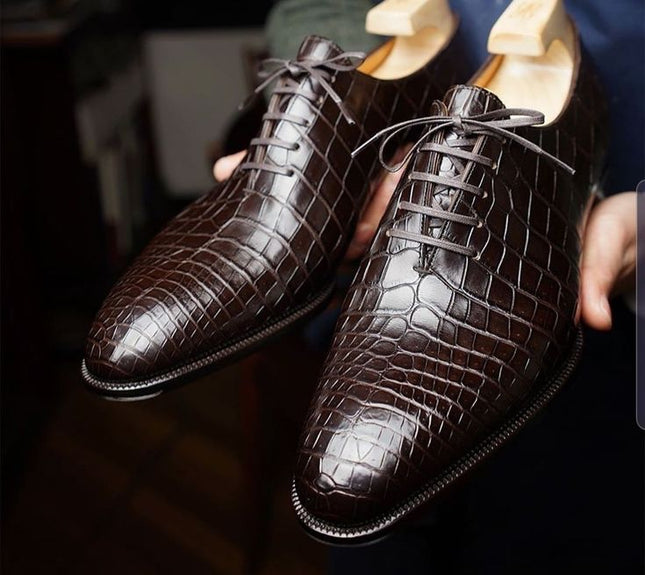 New Handmade Brown Shoes, Mens Crocodile Shoes, Lace Up Office Shoes