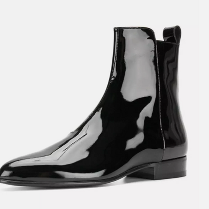 Handmade men black patent chelsea boots, zipper ankle office boots for mens