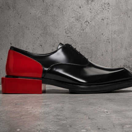 Handmade black & red patent leather lace up office shoes, Formal two tone dress Shoes