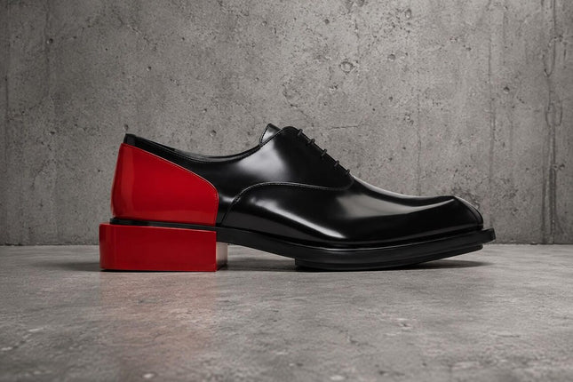 Handmade black & red patent leather lace up office shoes, Formal two tone dress Shoes