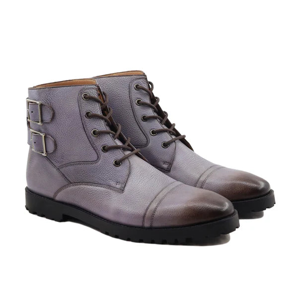 Handmade Men Gray Leather High Ankle Strap Lace Up Military Boots, Hiking Boots