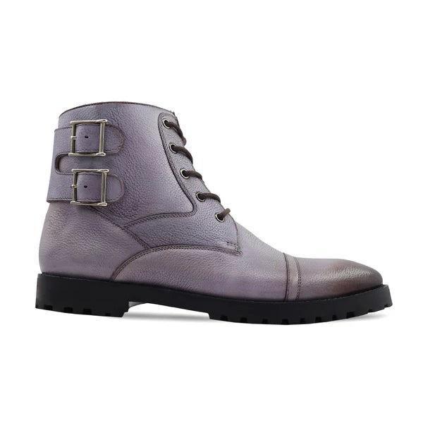 Handmade Men Gray Leather High Ankle Strap Lace Up Military Boots, Hiking Boots