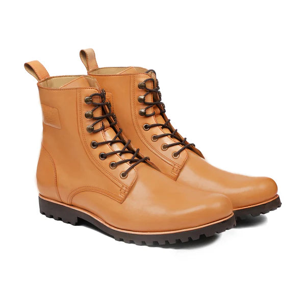 Handmade Men Light Tan Leather High Ankle Lace Up Chukka Business Boots