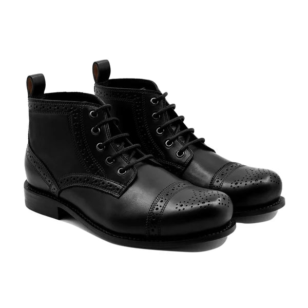 Handmade Men Black Brogue Leather Low Ankle Lace Up Chukka Business Boots