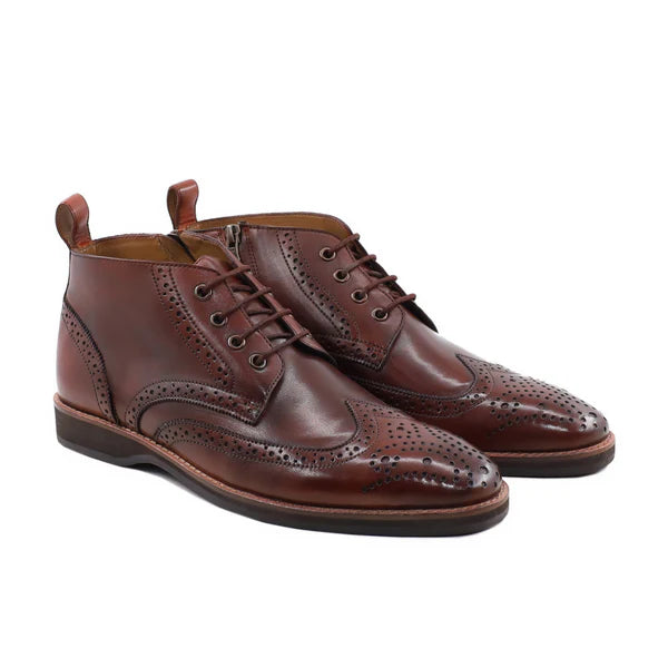 Handmade Men Dark Brown Wing Tip, Brogue Leather Low Ankle Lace Up Chukka Business Boots