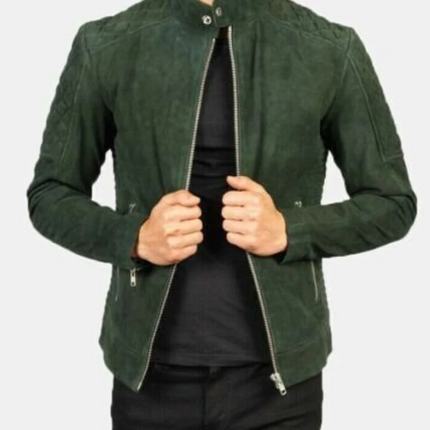 Handmade Men Green Suede Zipper Jacket, Biker Jacket, Moto Jacket For Men