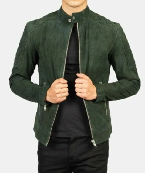 Handmade Men Green Suede Zipper Jacket, Biker Jacket, Moto Jacket For Men