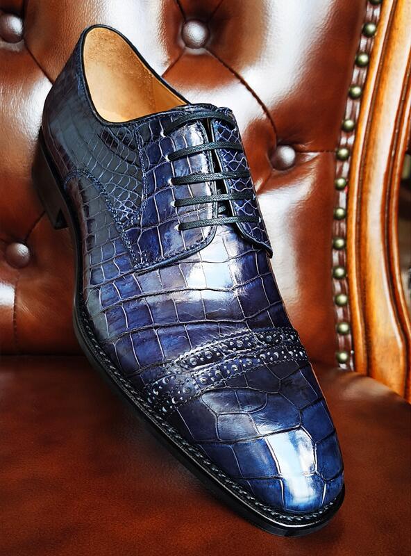 Handmade Men Shaded Blue Brogue Crocodile Leather Lace Up Derby Dress Shoes