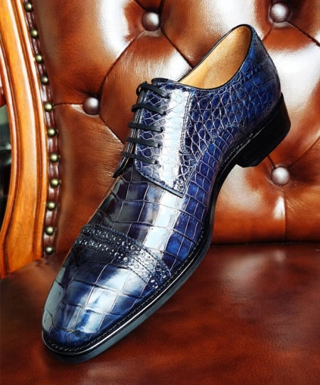 Handmade Men Shaded Blue Brogue Crocodile Leather Lace Up Derby Dress Shoes