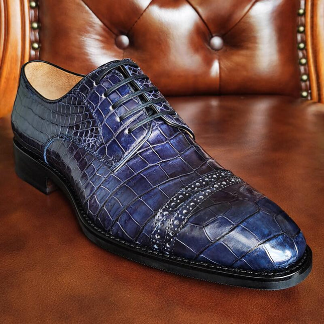 Handmade Men Shaded Blue Brogue Crocodile Leather Lace Up Derby Dress Shoes