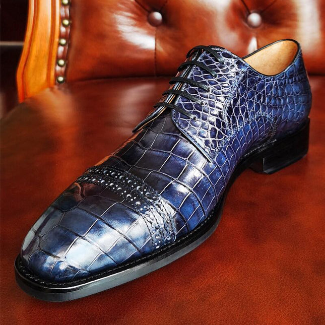 Handmade Men Shaded Blue Brogue Crocodile Leather Lace Up Derby Dress Shoes