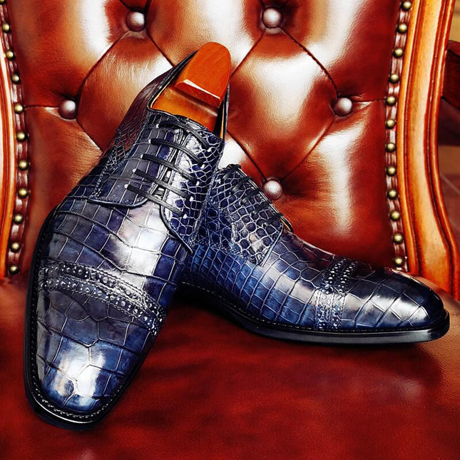 Handmade Men Shaded Blue Brogue Crocodile Leather Lace Up Derby Dress Shoes
