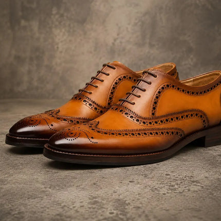 Handmade men Tan leather lace up wingtip office shoes, Formal brogue dress Shoes