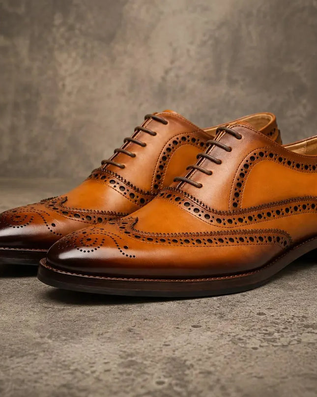 Handmade men Tan leather lace up wingtip office shoes, Formal brogue dress Shoes