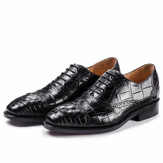 Handmade Men Black Crocodile Leather Lace Up Dress Shoes, Office Shoes