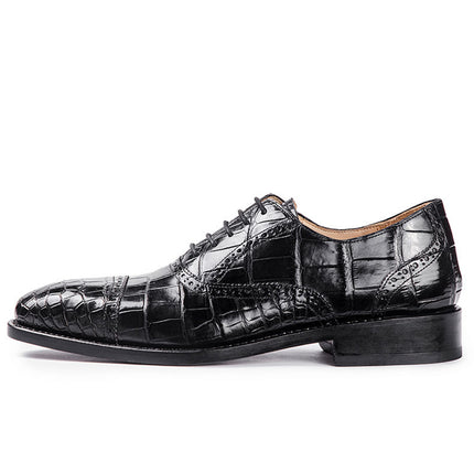 Handmade Men Black Crocodile Leather Lace Up Dress Shoes, Office Shoes