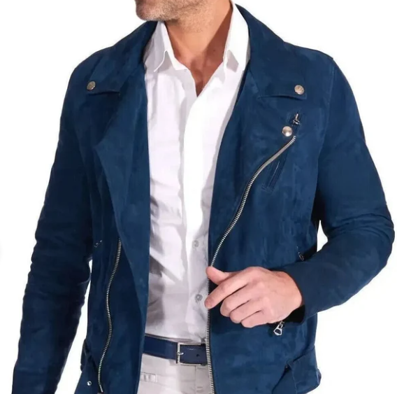 Handmade Men’s Navy Blue Suede Leather Biker Jacket For Men